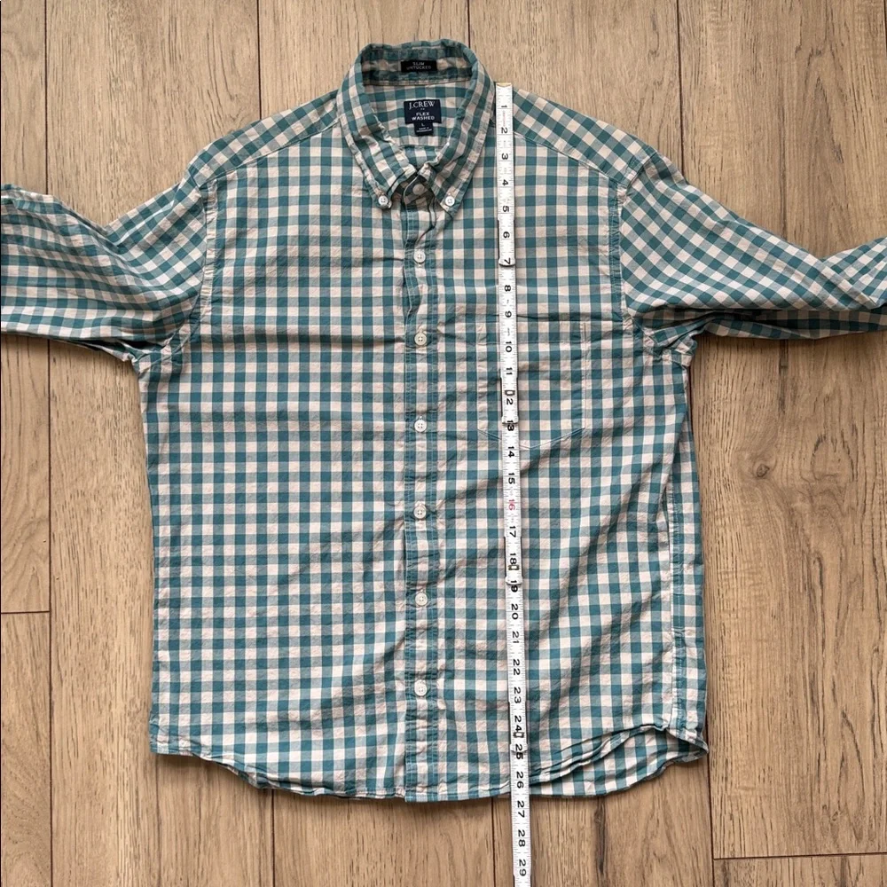 J Crew Slim Untucked Flex Washed Green Gingham Button Down Shirt Men’s Large